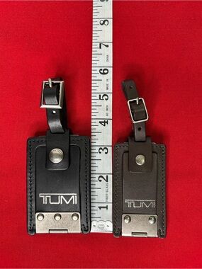 Tumi Leather Luggage Tag TWO Black and Dark Brown Metal Hinge